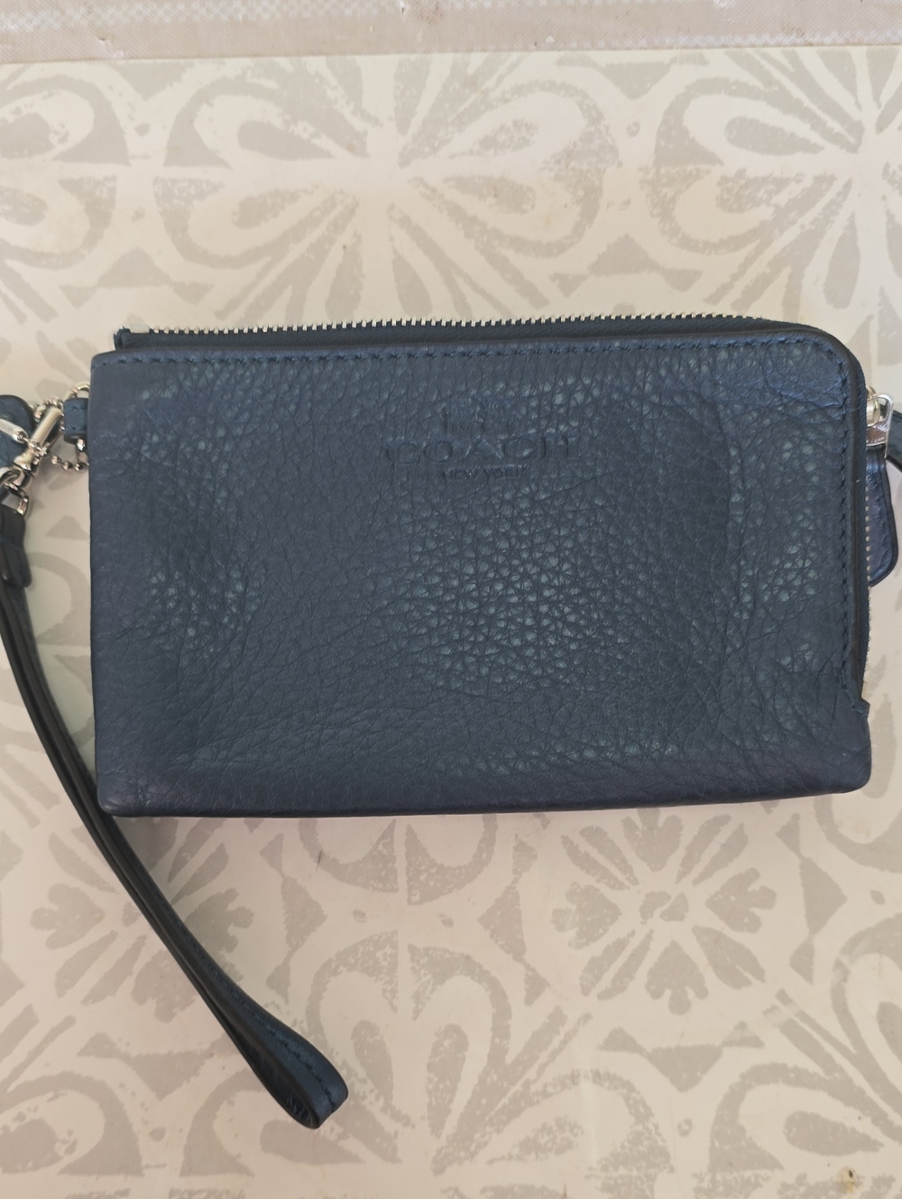Coach Pebbled Leather Wristlet in Metallic Blue